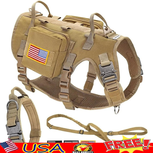 XMSJ TacticalDogHarness ForLargeBreeds NoPullMilitaryGradeLeashSet MOLLEBackpack OutdoorTraining