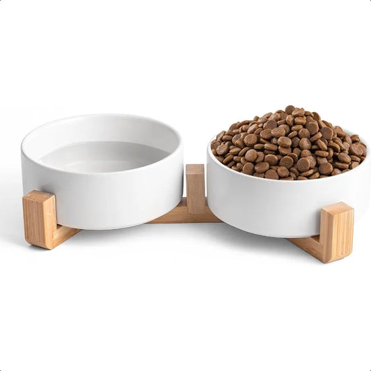 Hign-concerned White Ceramic Elevated Dog Cat Double Bowl Set