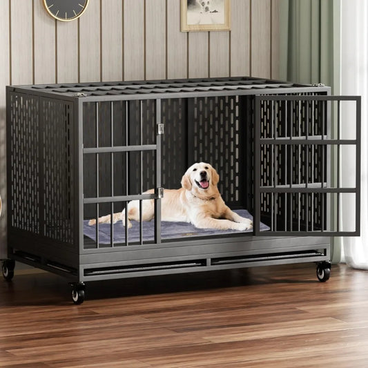 High Concerned Heavy Duty Dog Crate With Wheels Folding Indestructible Metal Cage For Large And Medium Dogs