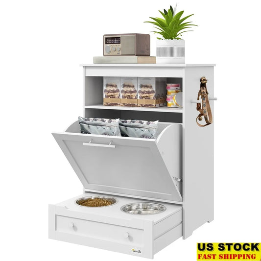 XMSJ Pet Feeder Station With Raised Bowls And Storage Cabinet