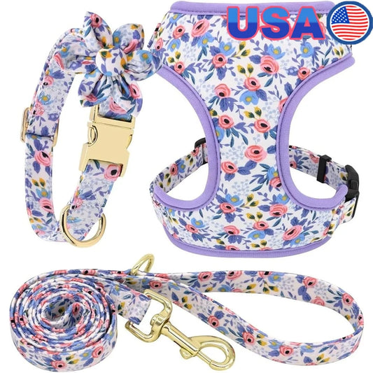 Fujian Cute Floral Mesh Dog Harness Leash Collar Set Adjustable Vest For Puppies
